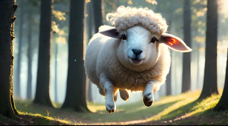 close-up photo of a cute little sheep jumping in the forest, soft volumetric lights (backlight: 1.3), (cinematic: 1.2), intricate details (ArtStation: 1.3), Rutkowski