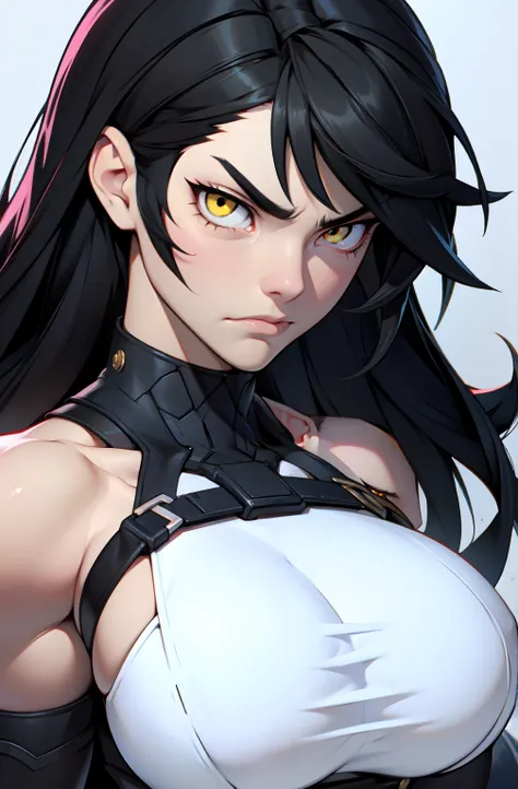 muscular girl huge breasts yellow eyes black hair pale skin frowning