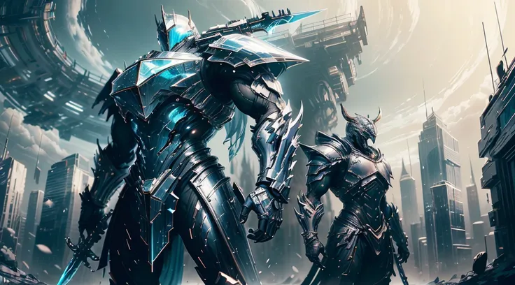 Create a silver knight that has a unique sword similar to Warframe umbra weapons, The silver knight is staring over a futuristic city and a set of world guards are behind that Royal night, for a 4k, 8K, masterpiece,