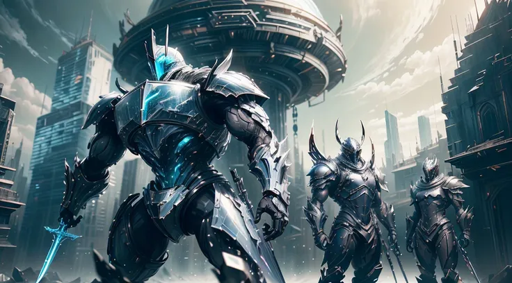 Create a silver knight that has a unique sword similar to Warframe umbra weapons, The silver knight is staring over a futuristic city and a set of world guards are behind that Royal night, for a 4k, 8K, masterpiece,