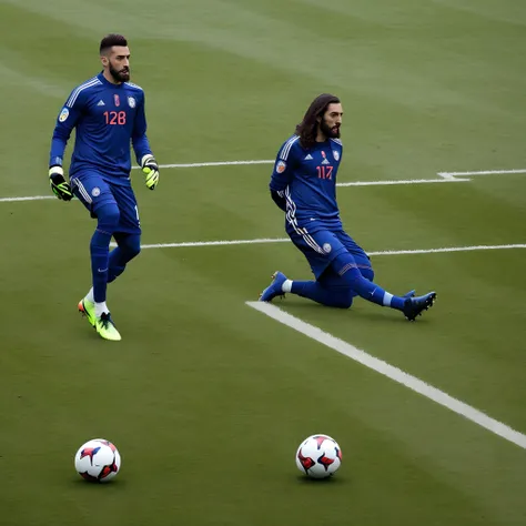 Jesus vendo um goleiro no campo de futebol