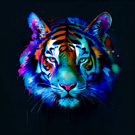 wtrcolor style, Digital art of a tiger face, official art, masterpiece, Beautiful, ((watercolor)), paint splatter, intricate details. Highly detailed, detailed, [dripping:0.5], Trending on artstation, by Rachel Walker, looking like a real painting, centere...