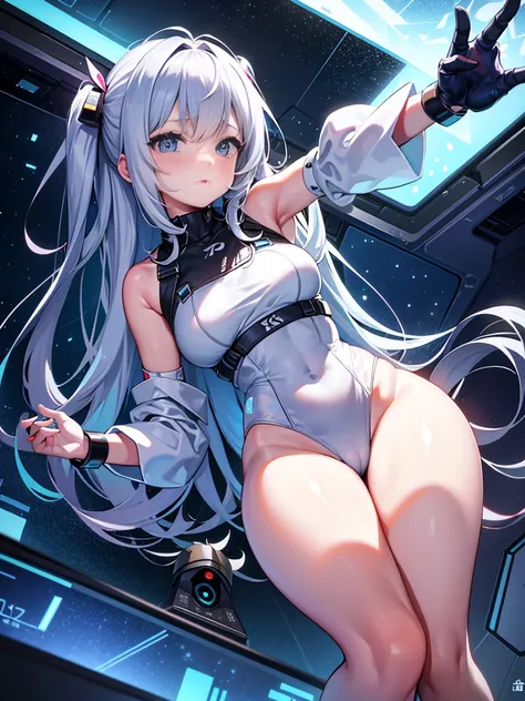 One girl、Inside the spacecraft、A girl and a beautiful sight are spreading。The walls and ceiling are covered with panels of futuristic design.、It has a fantastic glow。The interior of the ship is spacious々and々And々And、A variety of scientific instruments and c...