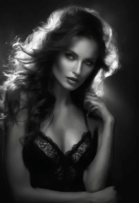 highres,(best quality,photorealistic:1.37),black and white,sexy woman,long flowing hair,black lingerie,nightlight,mysterious mist