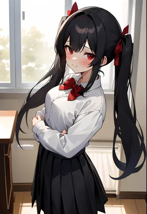 (masterpiece, best quality),ray tracing,absurdres, HDR,1girl, bangs, black hair, twintails, very_long_hair, black_skirt, blush, bow, bowtie,breasts, depth_of_field, hair_between_eyes, hair_ribbon, indoors, , long_sleeves, looking at viewer, , pleated_skirt...