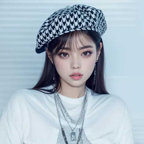 A closeup of a woman wearing a hat and a necklace, jennie blackpink, jossi do blackpink, Parque Roseanne do Blackpink, Retrato de Jossi de Blackpink, Lalisa Manobal, Parque Ji-min, Lalisa Manoban do Blackpink, jisoo do blackpink, Jisoo do Blackpink, Retrat...