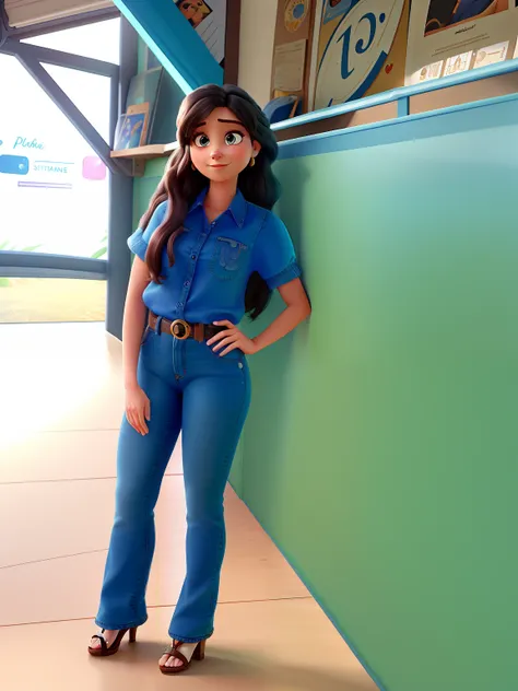 um poster inspirado na disney pixar com uma mulher de 23 anos com cabelo longo e olhos castanhos escuros, with a blue dress blouse and jeans and sandals with high heels, This one, in turn, with indigenous features holding an iPhone 8 in an office