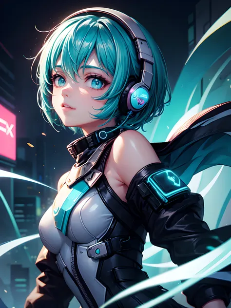 1girl in, android, cyberpunk, cyan hair, cyan eyes, short hair, white breastplate, black headphones, mechanical white bodysuit, ...