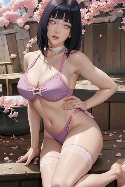 masterpiece, absurdres, hinata hyuga, 1girl, solo,mature female, spaghetti strap top, looking at viewer, (falling petals), perfect composition, detailed lips, super big breast, beautiful face, body propotion, blush, (pink lips), long hair, purple eyes, sof...