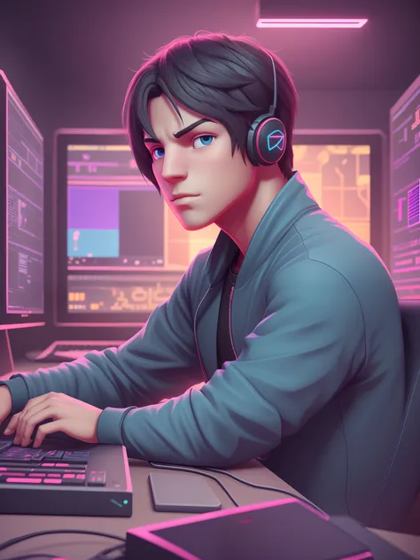 Avatar image for game developer  boy  who make games on pc in pixel style neon blue near image 8k --auto --s2