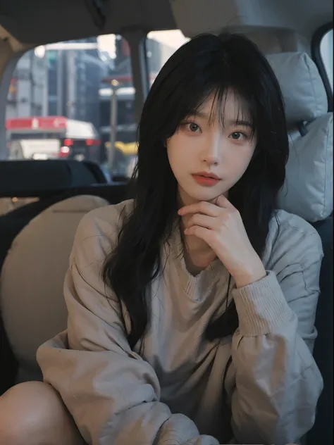 best qualtiy， 超高分辨率， （realisticlying：1.4）， A woman with long black hair and a gray sweater, 中景 the scene is, she has red hair，By bangs, young lovely Korean faces, wan adorable korean face, ulzzangs, Shin Jinying, beautiful aesthetic face, Korean face featu...