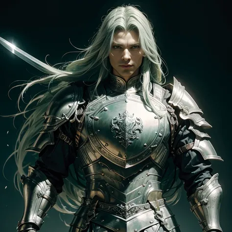 A  strong man in a silver plate armour with long green hair using a sword and shield