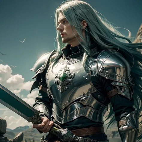 A  strong man in a silver plate armour with long green hair using a sword and shield