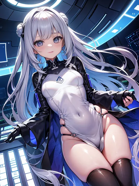 One girl、Inside the spacecraft、A girl and a beautiful sight are spreading。The walls and ceiling are covered with panels of futuristic design.、It has a fantastic glow。The interior of the ship is spacious々and々And々And々And、A variety of scientific instruments a...