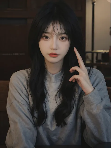 best qualtiy， 超高分辨率， （realisticlying：1.4）， A woman with long black hair and a gray sweater, 中景 the scene is, she has red hair，By bangs, young lovely Korean faces, wan adorable korean face, ulzzangs, Shin Jinying, beautiful aesthetic face, Korean face featu...