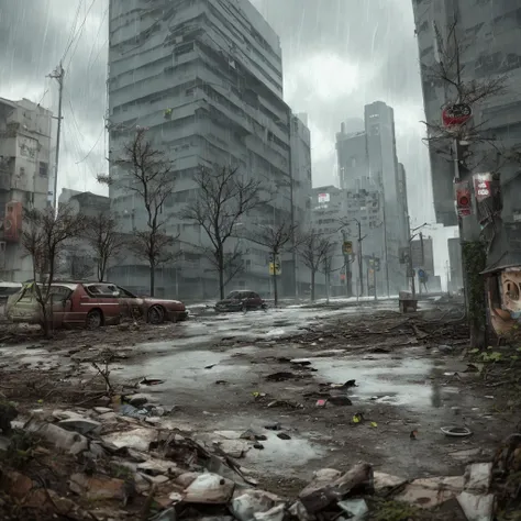 Creepy abandoned rundown cyberpunk cluttered rain cloudy