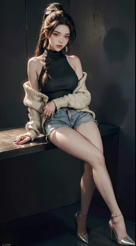 (wearing High-neck drop-shoulder oversized sweater, High-waisted shorts, bared legs, Stiletto heel studded pumps,:1.3), (Long Braided Ponytail hair:1.3), Extremely cute human eighteen year old girl, bare legs, very beautiful and feminine, short, petite, be...