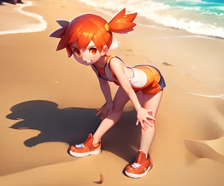 Best Quality, of the highest quality, ultra-detailliert, hight resolution, hight resolution, nffsw, 4K, 8K, Unity 8k壁纸, extremely details CG，Leave the color as it is、Orange hair，sand beach，