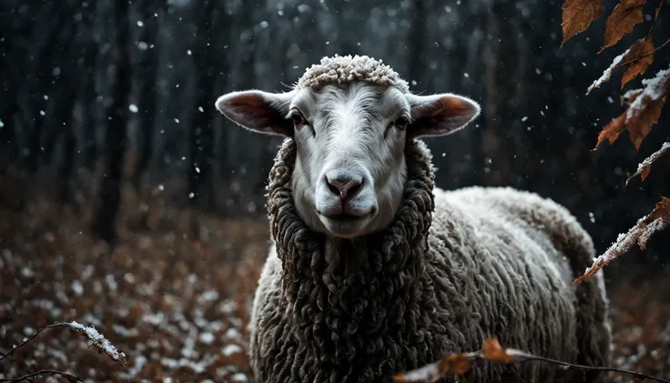 jesus christ
 behind a sheep, first snow, flakes, partial snow cover, cinematic film still, breathtaking, falling leaves, melanc...