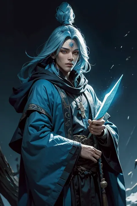 a androgynous man wizard with long blue hair using a wood mask ] and mage cloak