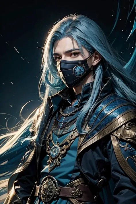 a very handsome androgynous man(woman face) with long blue hair, using a mask, wizard clothes refined