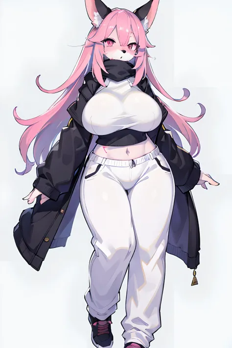 Therian, white skin, rainbow hair, pink eyes, massive tits, full body image, wearing a long sleeve crop top and sweatpants