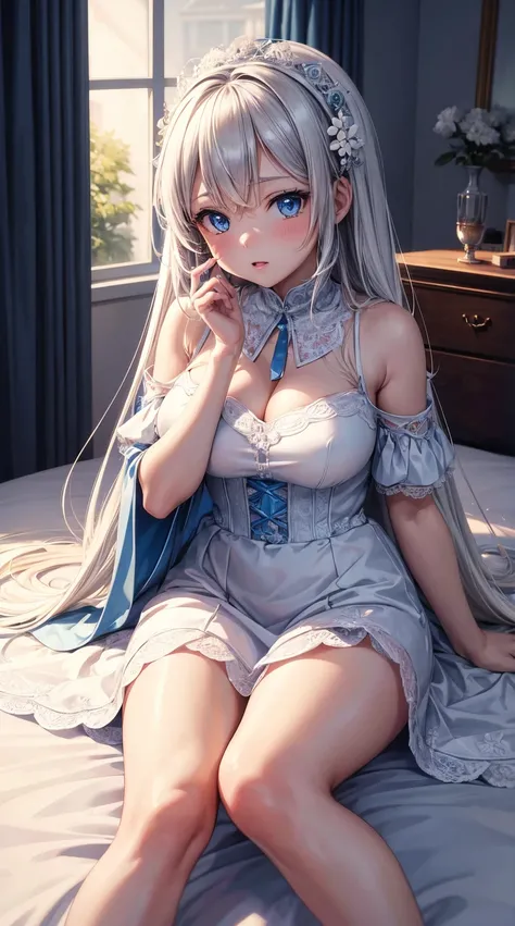 anime girl with blue eyes and white dress sitting on a bed, loli in dress, beautiful anime girl, anime art wallpaper 8 k, detailed digital anime art, beautiful anime woman, seductive anime girl, anime art wallpaper 4k, anime art wallpaper 4 k, beautiful al...