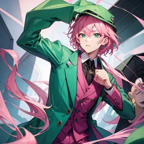 1 boy,pink hair,emerald green suit coat