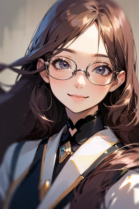 close up shot of woman with glasses, posing for a picture, smiling for camera, with glasses, pretty smile, beautiful long hair, kawaii realistic portrait, high quality portrait