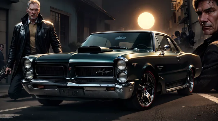 um imponente, Pontiac GTO 1965 classic black in the foreground, behind a close-up of a gangster Harrison Ford armed with a pistol and a beautiful gangster Angelina Jollie holding a pistol and the sun and buildings of a street in the US