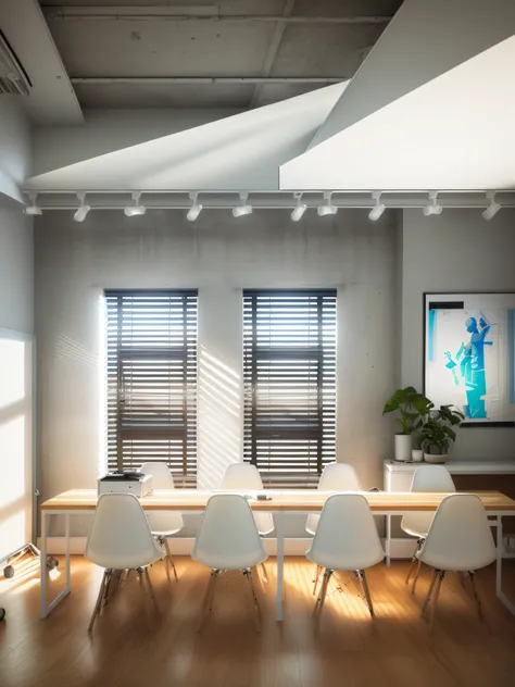 A rendering of a room with a table and chairs and a projector screen, 2 d render, Detailed rendering, photographic render, kitchenette and conference room, photo rendering, digital render, renderizado no enscape, altamente renderizado!!, renderizado, vista...