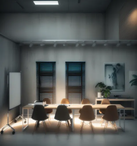 A rendering of a room with a table and chairs and a projector screen, persianas pretas, 2 d render, Detailed rendering, photographic render, kitchenette and conference room, photo rendering, digital render, renderizado no enscape, altamente renderizado!!, ...