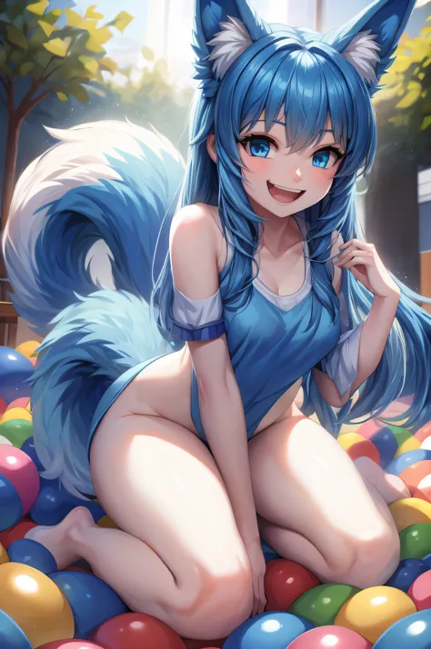 (Masterpiece) (High Detail) (High Res) A short humanoid girl with pale skin and blue eyes and long blue hair and blue dog ears and a big fluffy dog tail is playing in a ball pit. She has a big smile and is wagging her tail.