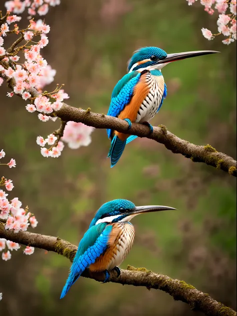 superb kingfisher on a branch near budding white cherry flowers, dark, dawn, (chilly early morning:1.1), (morning dew:1.15), realistic photography, (low-key photograph:1.2), detailed, 8k, intricate ruffled feathers, water droplets on the feathers, (to8cont...