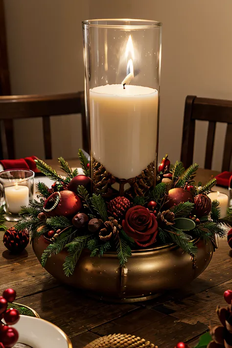 Christmas centerpiece, con velas, Decorated pinecones and Christmas baubles