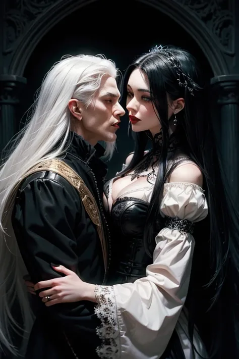 a very handsome white haired vampire kissing a very beautifull oriental gothic woman  with long black hair