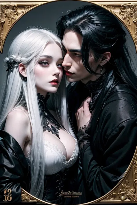 a very handsome white haired vampire kissing a very beautifull oriental gothic woman  with long black hair