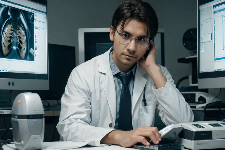 Radiologist male doctor wearing lab coat, shirt and tie, sitting in front of the computer. Looking at a spine MRI, preparing an imaging diagnosis of a patient, paying attention to the computer image, worried about the extent of the injury