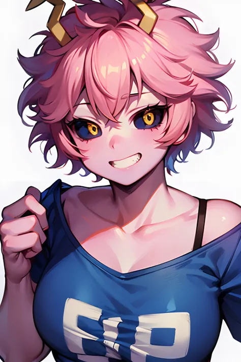 mina ashido, 1girl, solo, breasts, short hair, medium breasts, shirt, white background, collarbone, yellow eyes, upper body, pin...