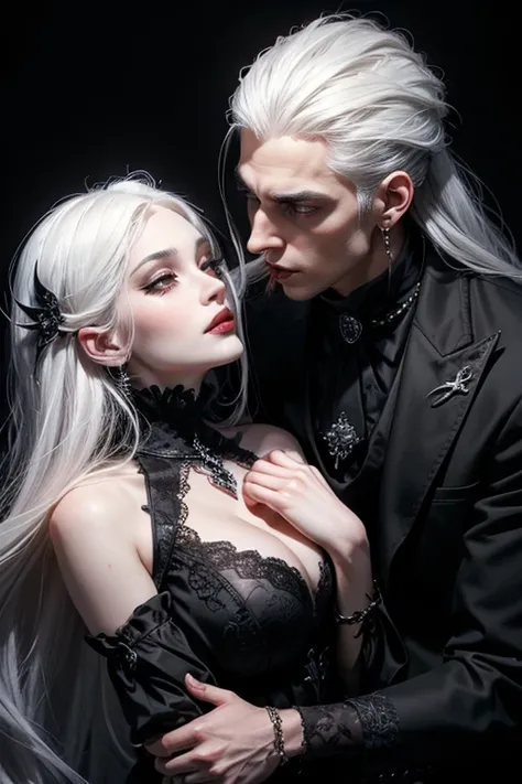 a very handsome white haired vampire kissing a very beautifull oriental gothic woman with long black hair