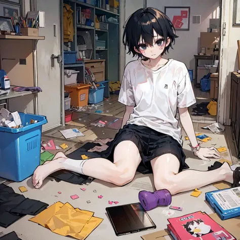 dark bedroom cluttered messy, trash everywhere, hite shirt, cute