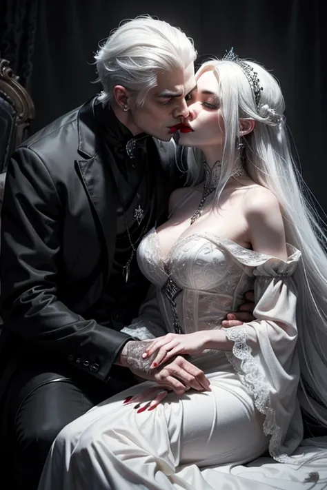 a very handsome white haired vampire kissing a very beautifull oriental gothic woman( long black hair)