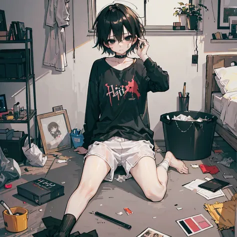 dark bedroom, cluttered messy, trash everywhere, hite shirt, cute, dark, depressing, messy