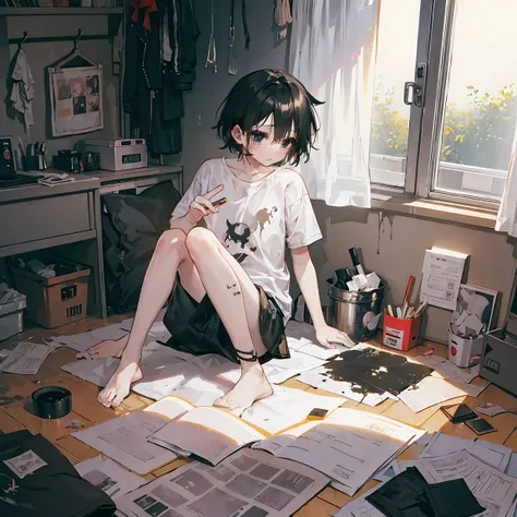 Dark bedroom, cluttered messy, trash everywhere, hite shirt, cute, dark, depressing, messy