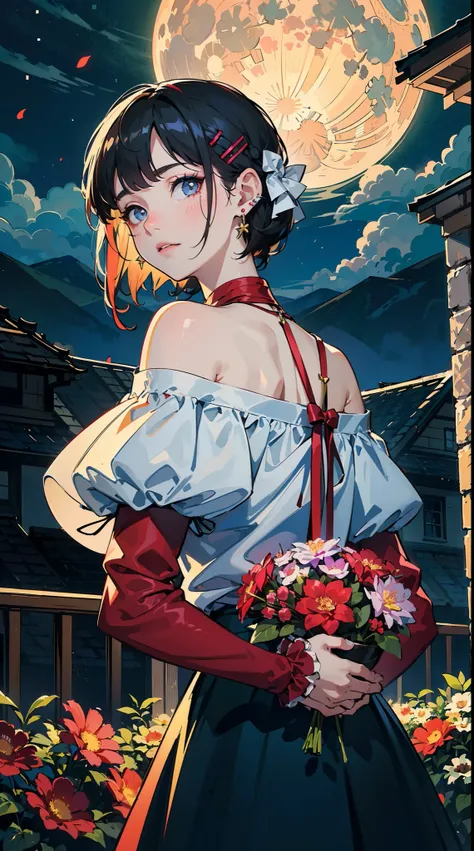 ((((carrying flower on back,Finger sleeves，))))((hands in pockets,))(Masterpiece illustration,Beautiful and aesthetic:1.2,aim to viewers), Best quality,Top quality, Epic quality,((((valley,outdoor,))))(moonlight,moon glare, god light,at night,upper upper s...