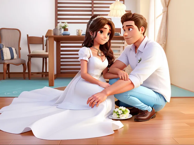 Wedding couple sitting on the floor, a noiva tem cabelo longo preto esta com um penteado de lado com um arranjo no cabelo, Her dress is white and she has dark-pupiled eyes, The groom is wearing white boots and a dress shirt and light blue jeans, This one, ...