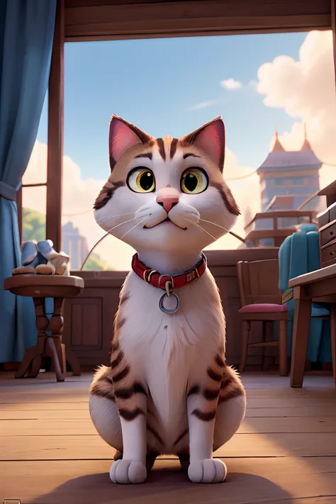 A poster of a movie in the style of the Disney Pixar cartoon "Valley" with the title "Richard" starring a cat of British breed, gray color with brown eyes against the background of the city. The scene should be in the typical Disney Pixar style with the na...