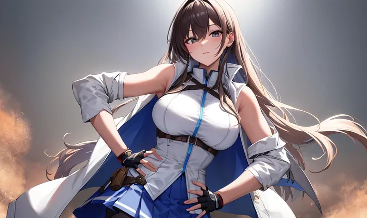 masterpiece, best quality, highres, ta1, white jacket, sleeveless, blue skirt, fingerless gloves, large breasts, hand on hip, cowboy shot