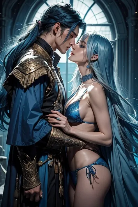 a very handsome androgynous man(woman face) with long blue hair wizard clothes refined kissing a very pretty woman with blue hair and  using bikini