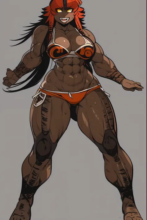 best quality, masterpiece, best shadows, black and orange hair, dark skin,,standing, full body, big breast, musclegirl, barbarian revealing cloths, , smile,#fashion design #warrior #woman #armor #clothing Trigger Words: barbarian_woman armor, smile open mo...